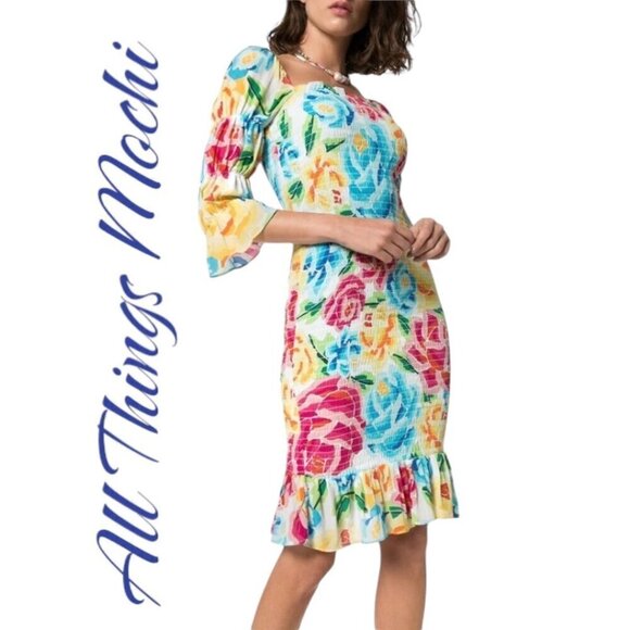 NWT ALL THINGS MOCHI Marianna Silk Smocked Bold Floral Ruffle Mini Dress, Small - Picture 7 of 9